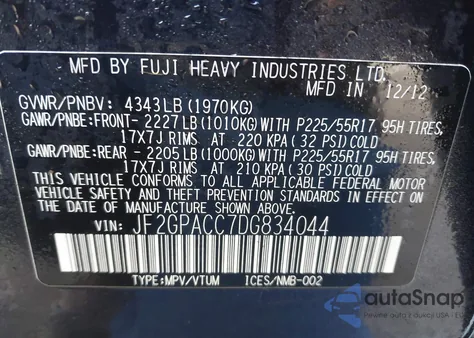 2013 Subaru Xv Crosstrek 2.0I Premium from USA, damaged, VIN JF2GPACC7DG834044